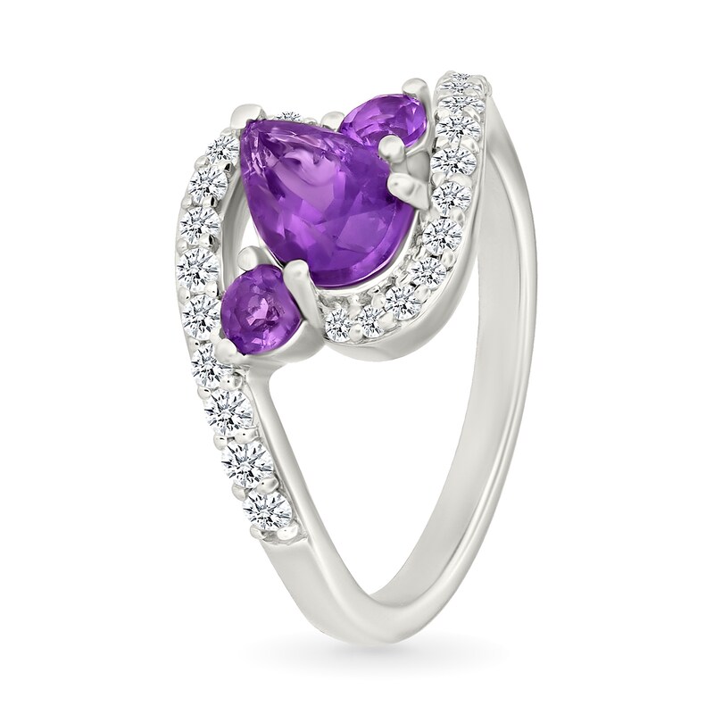 Main Image 2 of Pear-Shaped and Round Lab-Created Birthstone with White Lab-Created Sapphire Bypass Ring in Sterling Silver (3 Stones)