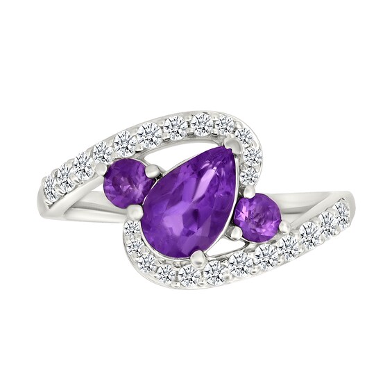 Pear-Shaped and Round Lab-Created Birthstone with White Lab-Created Sapphire Bypass Ring in Sterling Silver (3 Stones)