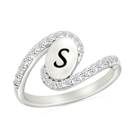 Engravable Oval Initial with White Lab-Created Sapphire Swirl Bypass Ring in Sterling Silver (1-2 Initials)