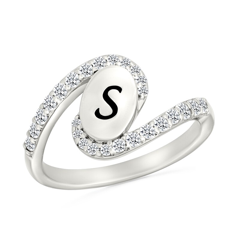 Main Image 1 of Engravable Oval Initial with White Lab-Created Sapphire Swirl Bypass Ring in Sterling Silver (1-2 Initials)