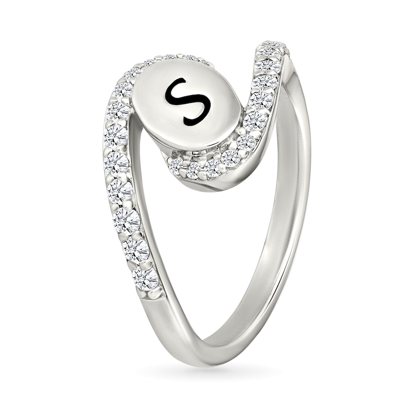 Main Image 2 of Engravable Oval Initial with White Lab-Created Sapphire Swirl Bypass Ring in Sterling Silver (1-2 Initials)