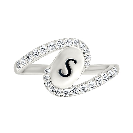 Engravable Oval Initial with White Lab-Created Sapphire Swirl Bypass Ring in Sterling Silver (1-2 Initials)