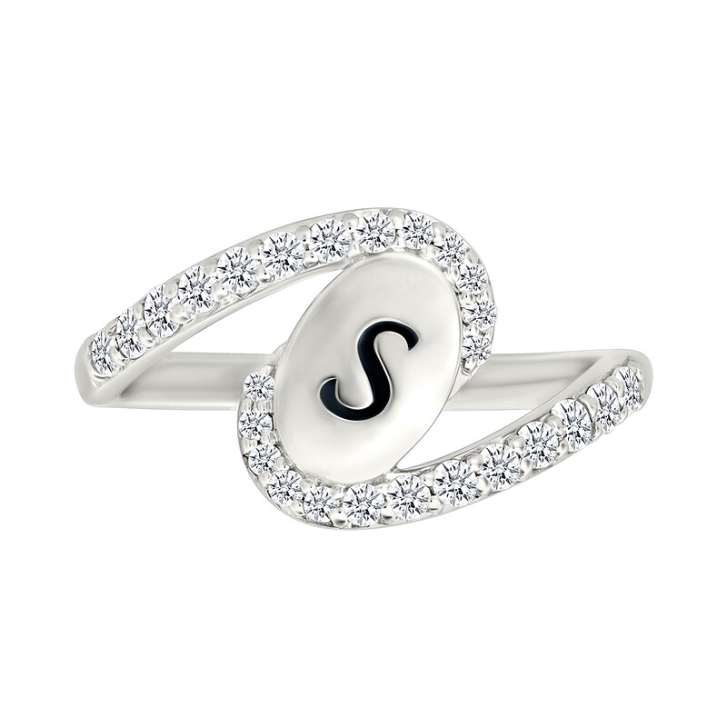 Main Image 3 of Engravable Oval Initial with White Lab-Created Sapphire Swirl Bypass Ring in Sterling Silver (1-2 Initials)