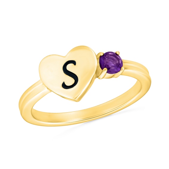 Lab-Created Birthstone with Engravable Initial Heart Ring in 10K Gold (1 Stone and 1-3 Initials)
