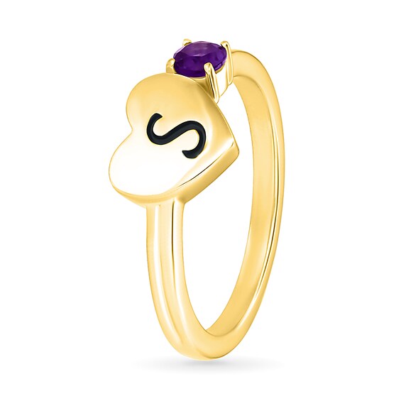 Lab-Created Birthstone with Engravable Initial Heart Ring in 10K Gold (1 Stone and 1-3 Initials)