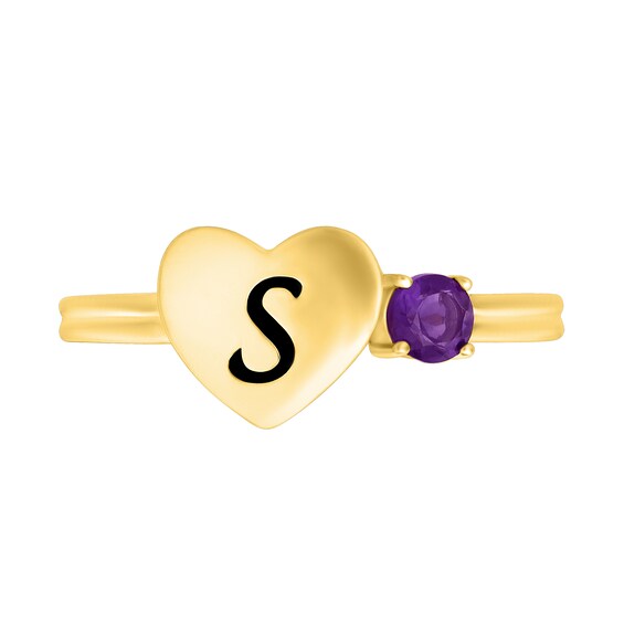 Lab-Created Birthstone with Engravable Initial Heart Ring in 10K Gold (1 Stone and 1-3 Initials)