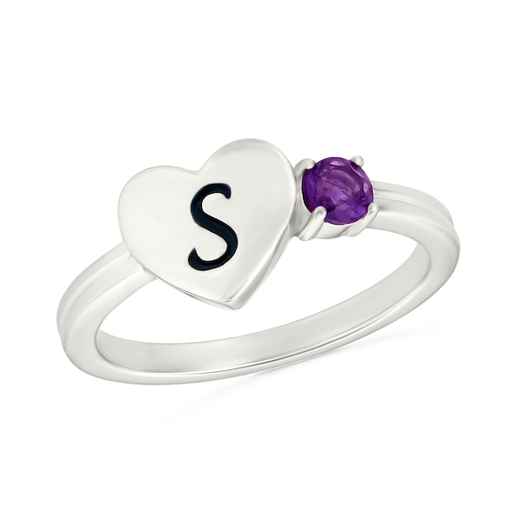 Lab-Created Birthstone with Engravable Initial Heart Ring in Sterling Silver (1 Stone and 1-3 Initials)