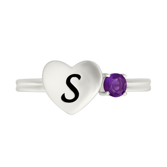 Lab-Created Birthstone with Engravable Initial Heart Ring in Sterling Silver (1 Stone and 1-3 Initials)