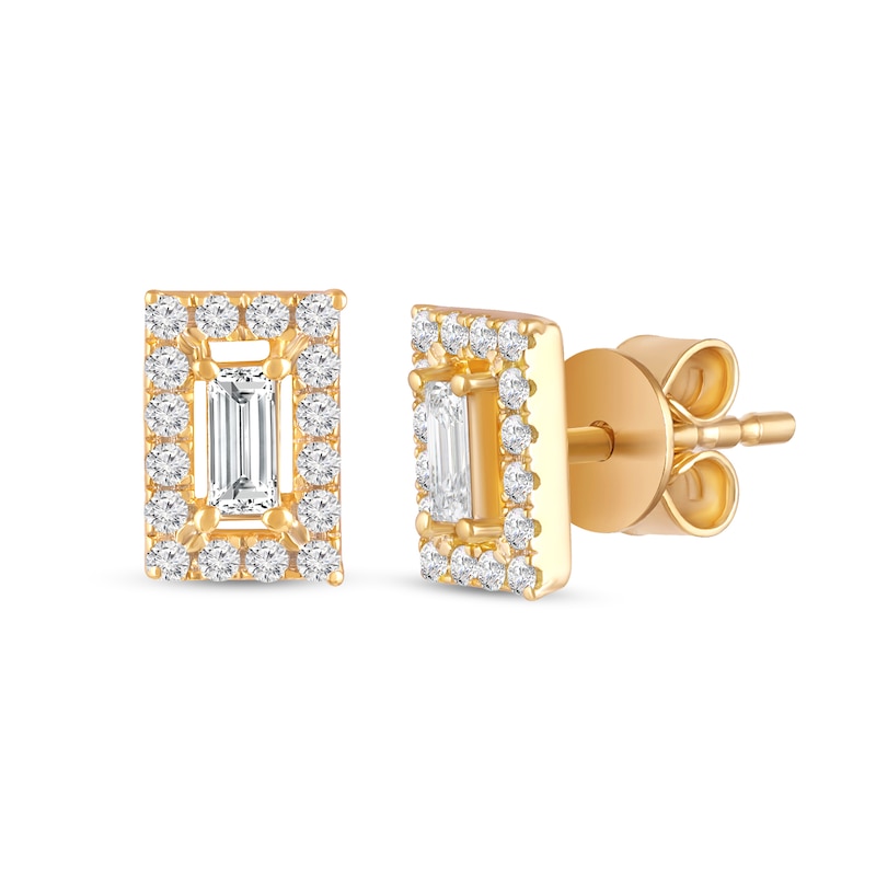 Main Image 1 of 1/4 CT. T.W. Baguette Diamond Rectangle Frame Stud Earrings in 10K Gold