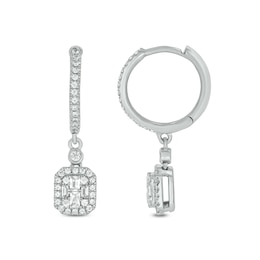 1/2 CT. T.W. Emerald-Shaped Multi-Diamond Frame Drop Huggie Hoop Earrings in 10K White Gold