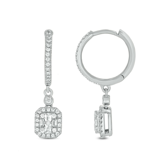 1/2 CT. T.w. Emerald-Shaped Multi-Diamond Frame Drop Huggie Hoop Earrings in 10K White Gold