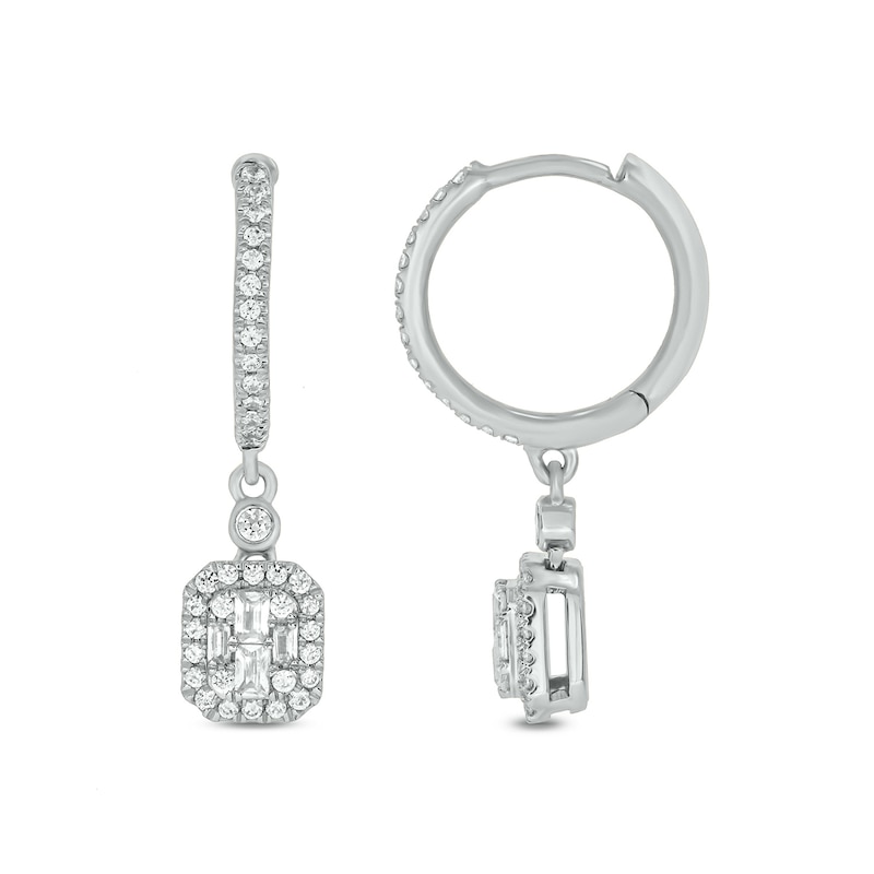 Main Image 1 of 1/2 CT. T.W. Emerald-Shaped Multi-Diamond Frame Drop Huggie Hoop Earrings in 10K White Gold