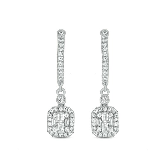 1/2 CT. T.w. Emerald-Shaped Multi-Diamond Frame Drop Huggie Hoop Earrings in 10K White Gold