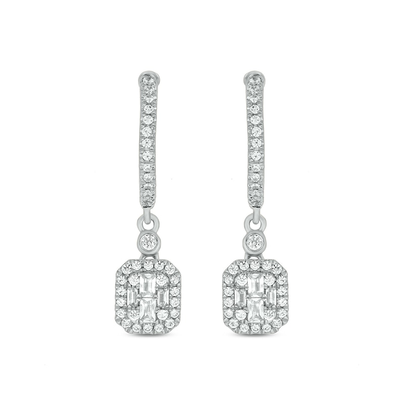 Main Image 2 of 1/2 CT. T.W. Emerald-Shaped Multi-Diamond Frame Drop Huggie Hoop Earrings in 10K White Gold