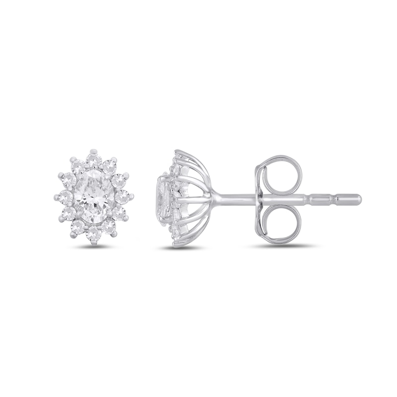 Main Image 2 of 1/2 CT. T.W. Oval Diamond Sunburst Frame Stud Earrings in 10K White Gold