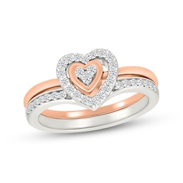 1/4 CT. T.W. Multi-Diamond Two-in-One Heart Ring Set in Sterling Silver and 10K Rose Gold