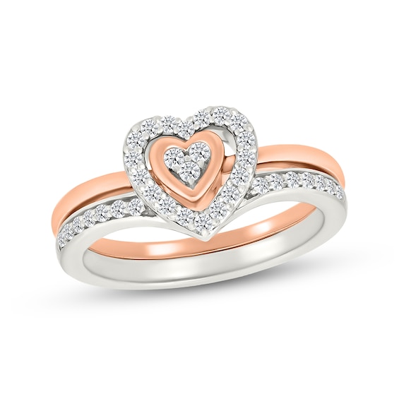1/4 CT. T.w. Multi-Diamond Two-in-One Heart Ring Set in Sterling Silver and 10K Rose Gold