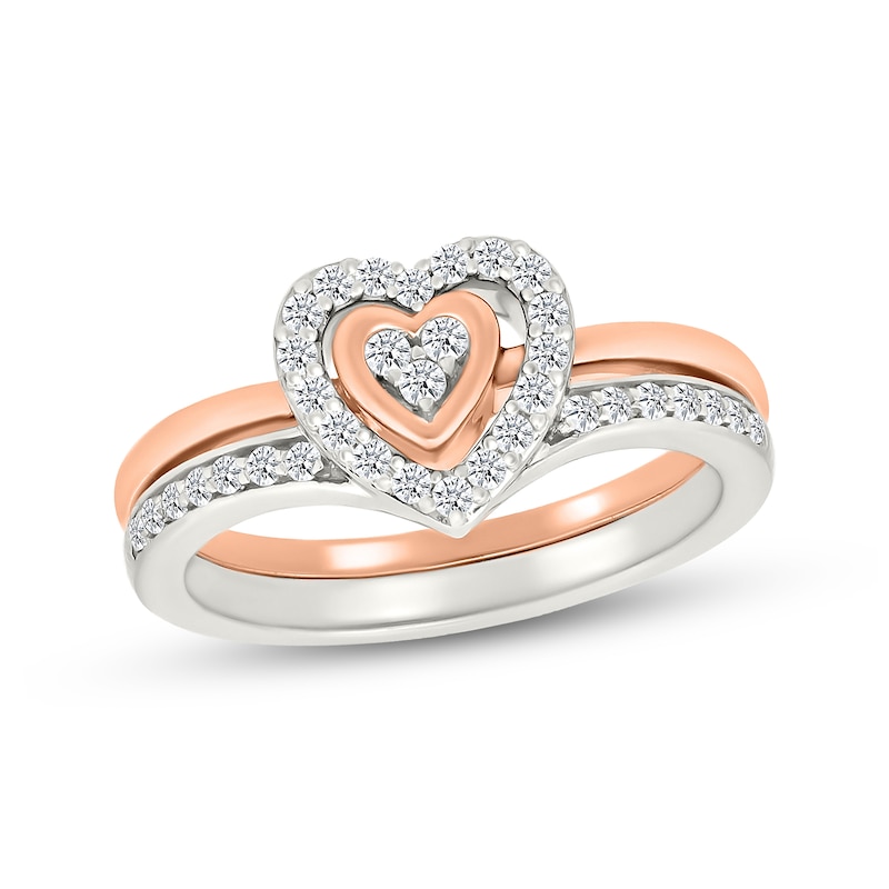 Main Image 1 of 1/4 CT. T.W. Multi-Diamond Two-in-One Heart Ring Set in Sterling Silver and 10K Rose Gold