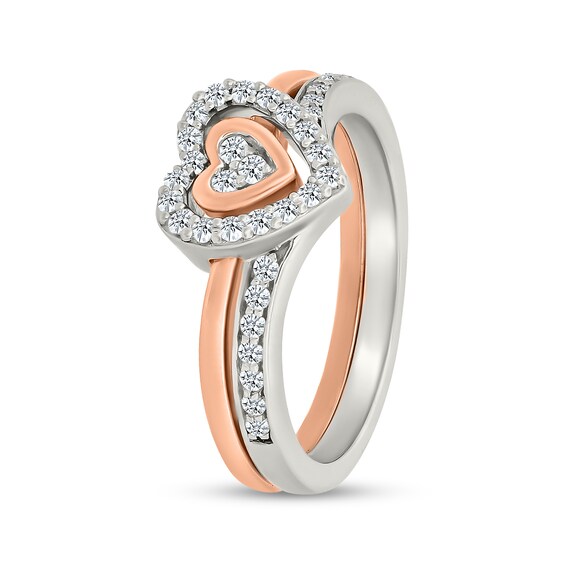1/4 CT. T.w. Multi-Diamond Two-in-One Heart Ring Set in Sterling Silver and 10K Rose Gold