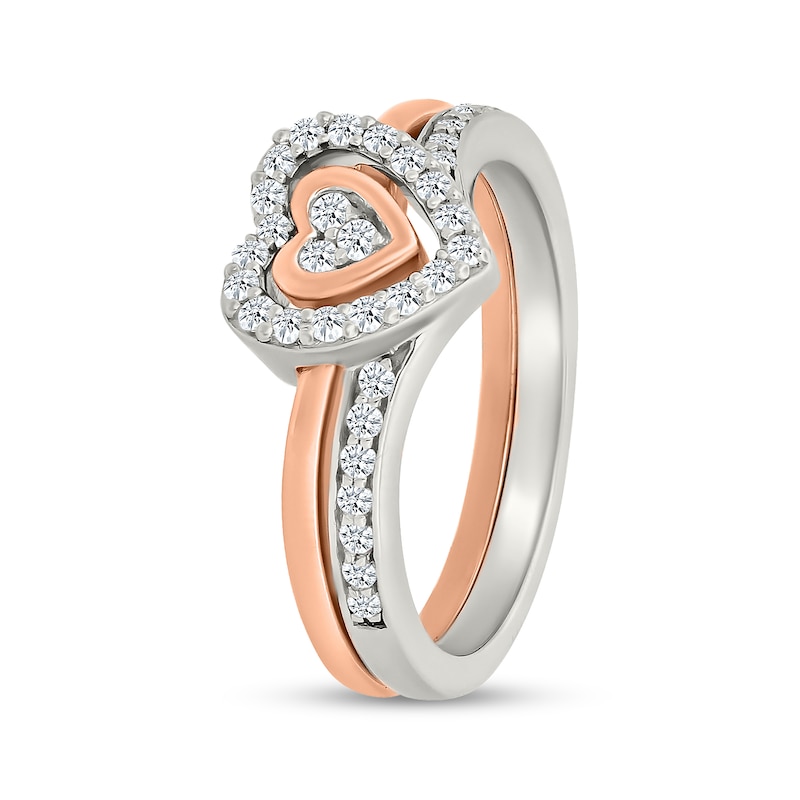 Main Image 2 of 1/4 CT. T.W. Multi-Diamond Two-in-One Heart Ring Set in Sterling Silver and 10K Rose Gold