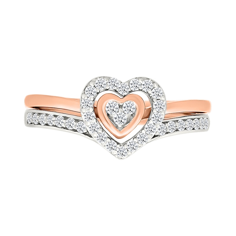 Main Image 3 of 1/4 CT. T.W. Multi-Diamond Two-in-One Heart Ring Set in Sterling Silver and 10K Rose Gold