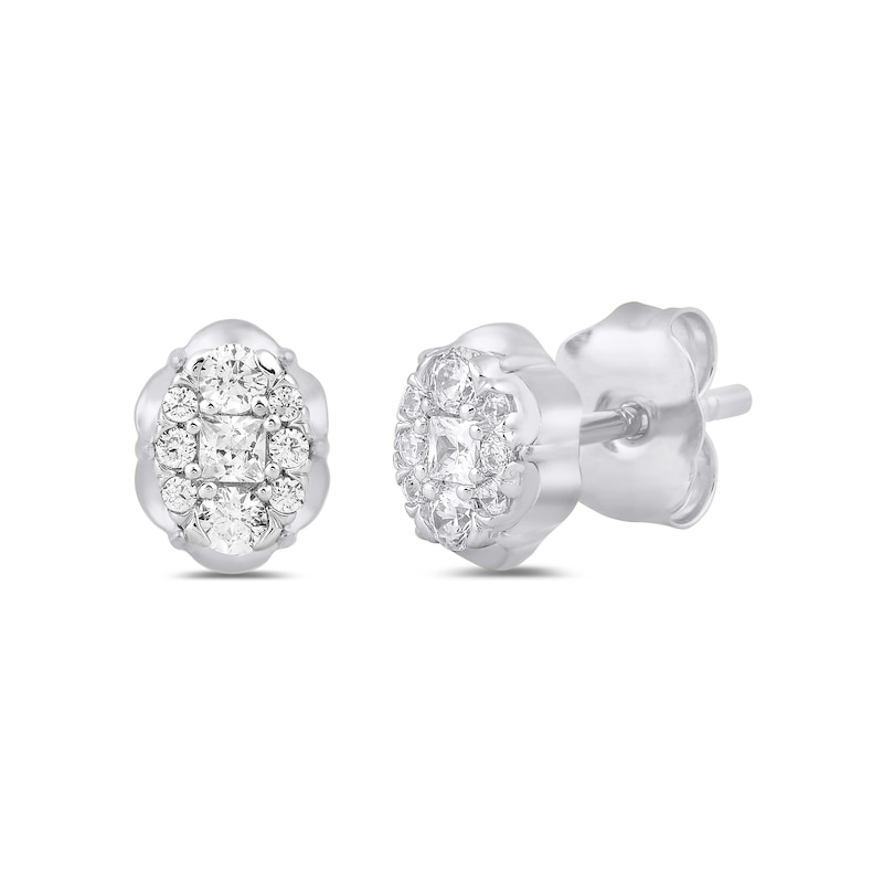 Main Image 1 of 1/4 CT. T.W. Oval-Shaped Multi-Diamond Scallop Edge Stud Earrings in 10K White Gold