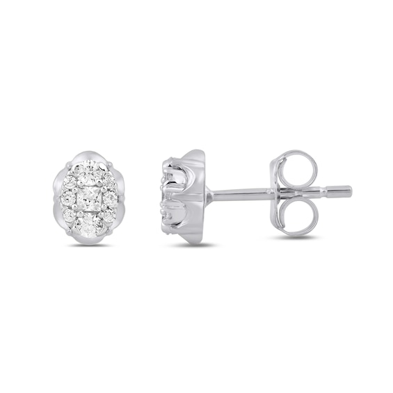 1/4 CT. T.w. Oval-Shaped Multi-Diamond Scallop Edge Stud Earrings in 10K White Gold