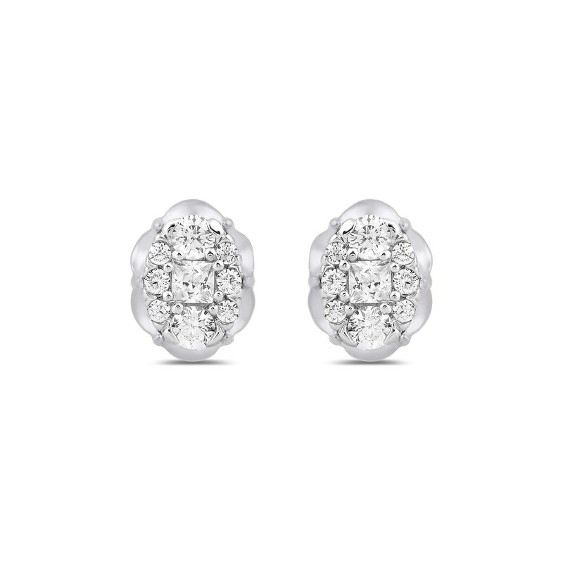 Main Image 3 of 1/4 CT. T.W. Oval-Shaped Multi-Diamond Scallop Edge Stud Earrings in 10K White Gold