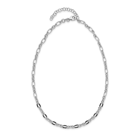 Lightweight Fancy Link Necklace in Hollow Sterling Silver and Black Enamel