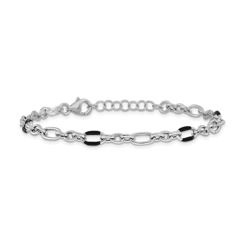 Main Image 1 of Lightweight Fancy Link Bracelet in Hollow Sterling Silver and Black Enamel - 8”
