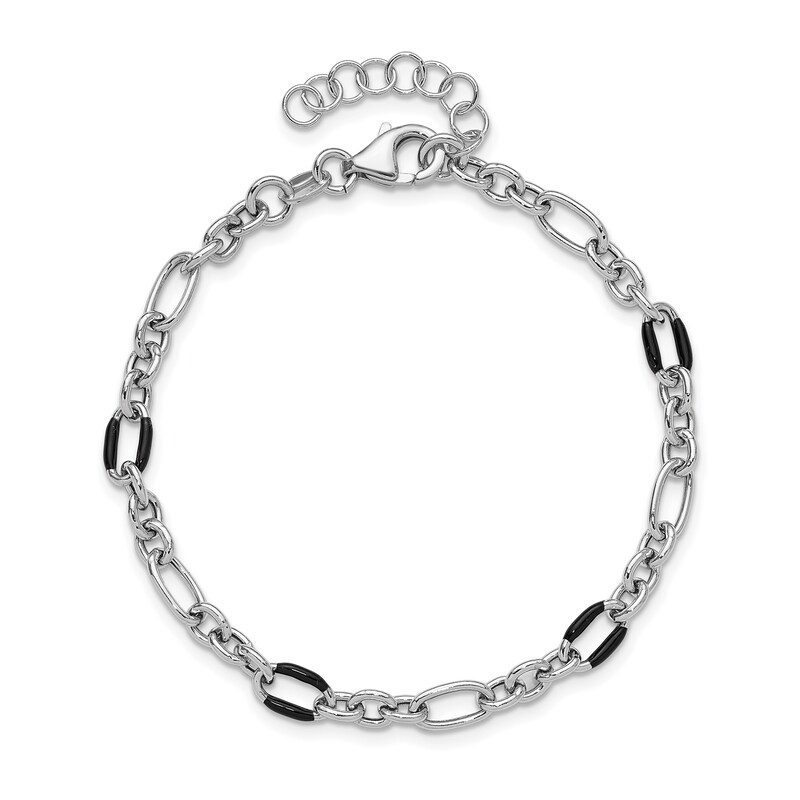 Main Image 2 of Lightweight Fancy Link Bracelet in Hollow Sterling Silver and Black Enamel - 8”