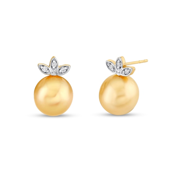 9.0mm Golden South Sea Cultured Pearl and 1/20 CT. T.w. Diamond Leaf-Top Stud Earrings in 14K Gold