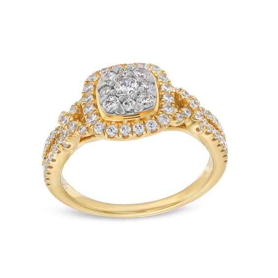 3/4 CT. T.w. Cushion-Shaped Multi-Diamond Frame Twist Shank Engagement Ring in 14K Gold