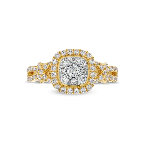 3/4 CT. T.w. Cushion-Shaped Multi-Diamond Frame Twist Shank Engagement Ring in 14K Gold