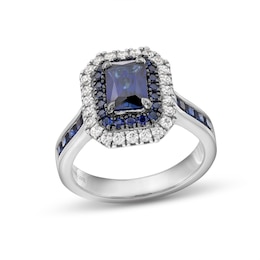 Vera Wang Love Collection Emerald-Cut Blue Sapphire and 1/2 CT. T.W. Diamond Frame Engagement Ring in 14K White Gold
