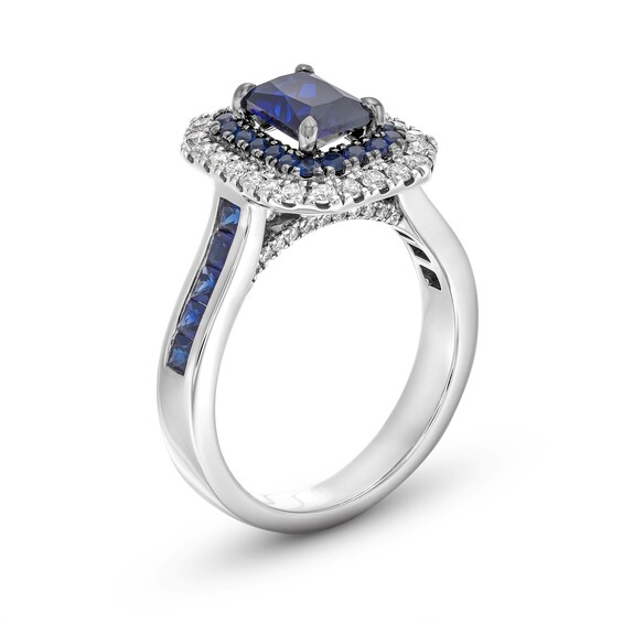 Vera Wang Love Collection Emerald-Cut Blue Sapphire and 1/2 CT. T.w. Diamond Frame Engagement Ring in 14K White Gold