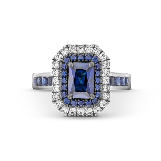 Vera Wang Love Collection Emerald-Cut Blue Sapphire and 1/2 CT. T.w. Diamond Frame Engagement Ring in 14K White Gold