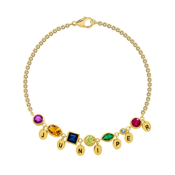 Multi-Shaped Bezel-Set Birthstone with Engravable Initial Charm Bracelet (2-7 Stones and 1-7 Initials) - 7.25"