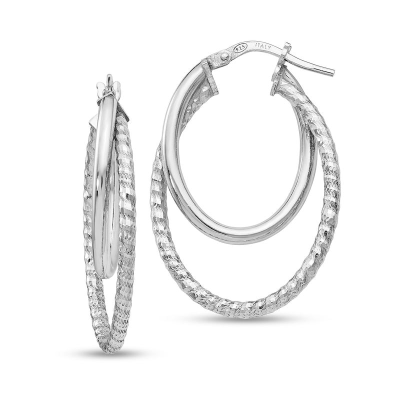 Main Image 1 of Diamond-Cut Oval Crossover Double-Hoop Earrings in Hollow Sterling Silver