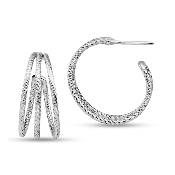 Diamond-Cut Triple-Row J-Hoop Earrings in Hollow Sterling Silver