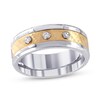 Thumbnail Image 1 of 1/20 CT. T.W. Diamond Bezel-Set Three Stone Beveled Edge Wedding Band in Stainless Steel and 18K Gold Plate