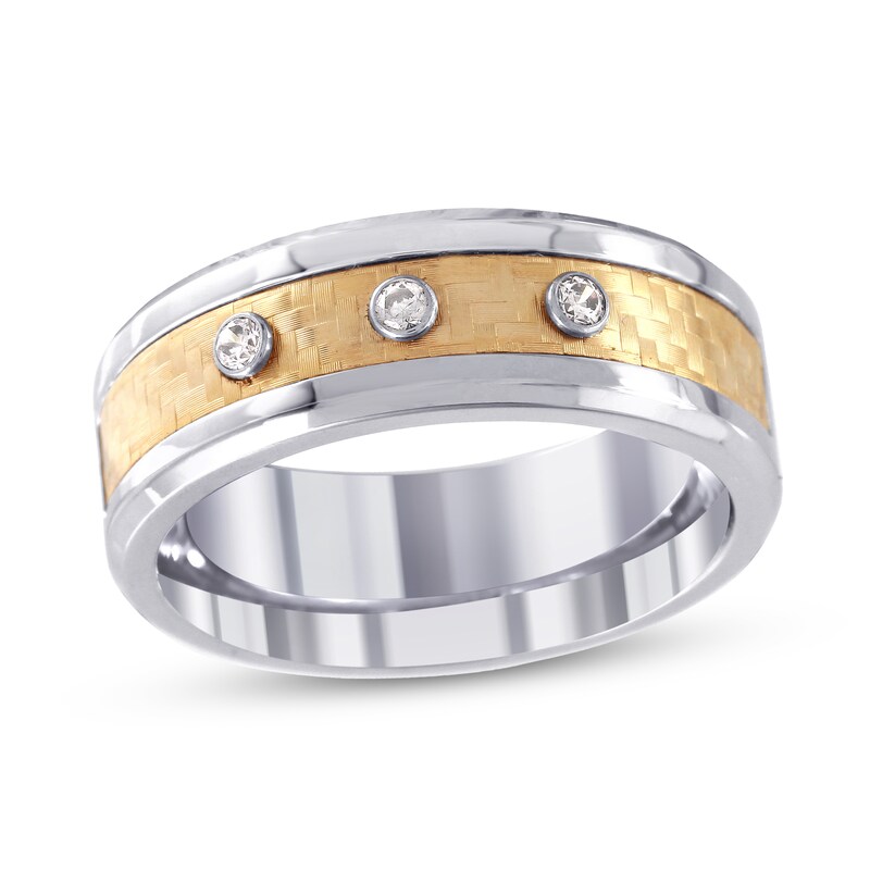 Main Image 1 of 1/20 CT. T.W. Diamond Bezel-Set Three Stone Beveled Edge Wedding Band in Stainless Steel and 18K Gold Plate