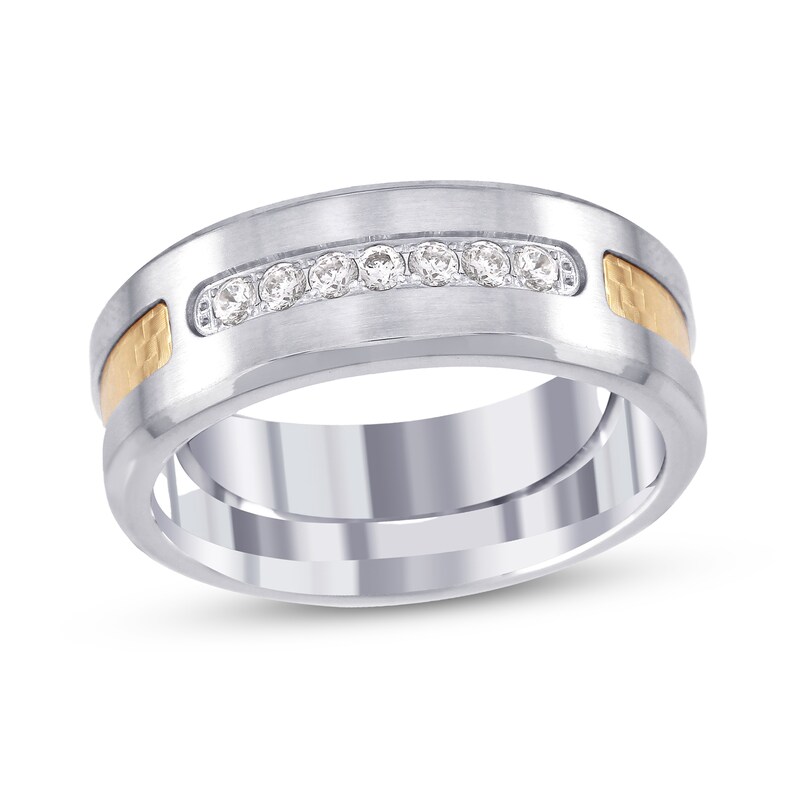 Main Image 1 of 1/4 CT. T.W. Diamond Channel-Set Beveled Edge Wedding Band in Stainless Steel and 18K Gold Plate