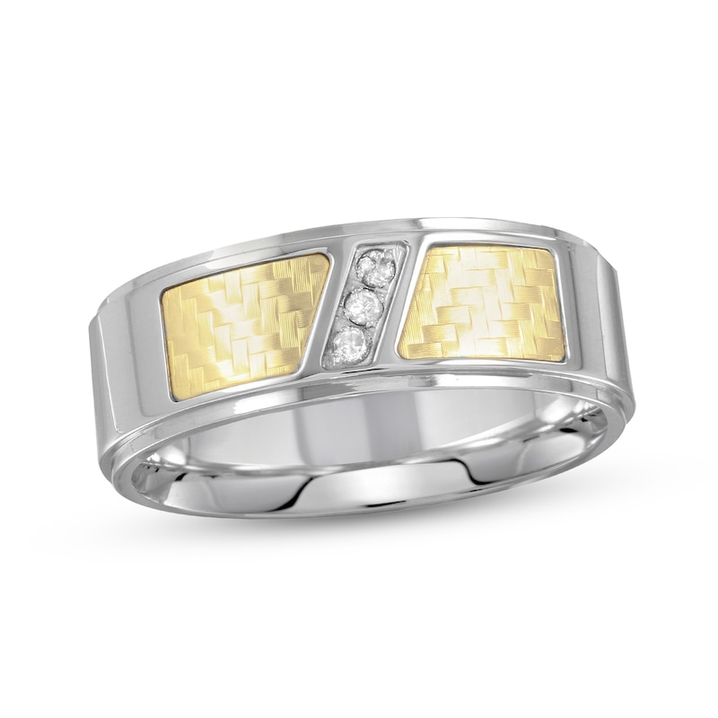 Main Image 1 of 1/20 CT. T.W. Diamond Bezel-Set Slant Trio Stepped Edge Wedding Band in Stainless Steel and 18K Gold Plate