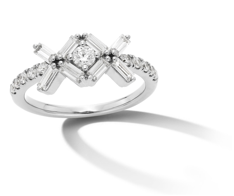 Main Image 1 of Zales x Nungu 3/4 CT. T.W. Baguette and Round Diamond "XO" Ring in 14K White Gold