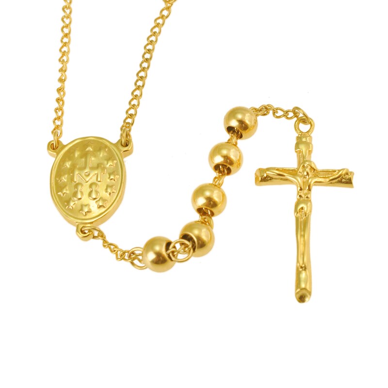 Main Image 1 of Beaded Rosary Necklace in Stainless Steel with Yellow Ion Plate - 28&quot;