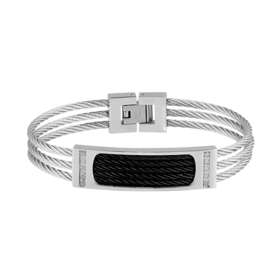 1/5 CT. T.w. Diamond Rectangle Triple Row Rope Wire Bracelet in Stainless Steel and Black Ion Plate - 8"