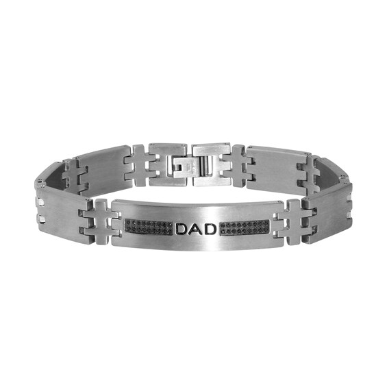 1/8 CT. T.w. Black Diamond "Dad" ID Plate Link Bracelet in Stainless Steel - 8.5"