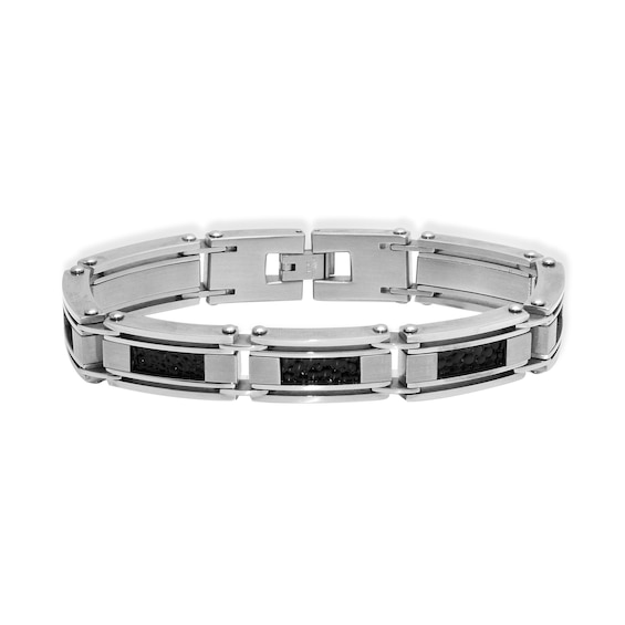 Rectangular Link with Black Leather Accent Bracelet in Stainless Steel - 8.5"