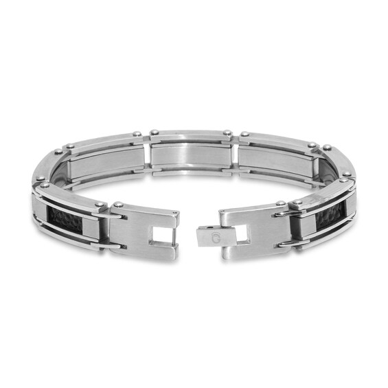 Rectangular Link with Black Leather Accent Bracelet in Stainless Steel - 8.5"